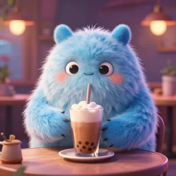 fluffy monster having a boba tea in a magical cafe. award - winning 3 d animation by an indie studio, rimlighting, depth of field, limited but vibrant palette, intricate details, impressionism, chiaroscuro, bokeh.