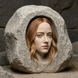 big rock solid stone with the emerging face of emma stone buried inside the stone rock