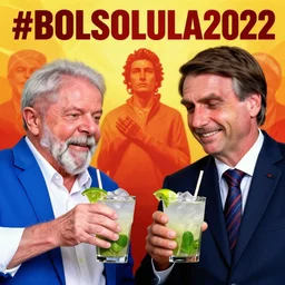 Lula and Bolsonaro drinking a caipirinha together, Soviet Union poster with the text  #BOLSOLULA2022