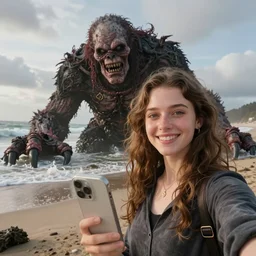 Professional photograph, Smiling girl taking a selfie with a creepy giant creature washed up on the beach