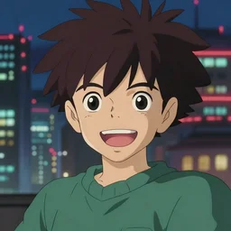 anime fine details portrait of joyful Deku in front of cyberpunk moder city landscape on the background deep bokeh, close-up view, anime masterpiece by Studio Ghibli. 8k, sharp high quality anime, artstation