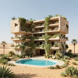 architectural rendering of brutalism building in the desert, biophilia style, pool, garden