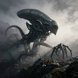 xenomorph mountains, foggy, high contrast photo