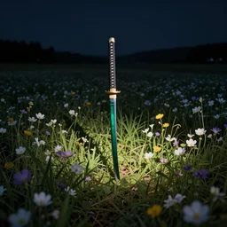 An emerald-bladed katana in the middle of a field of flowers at night