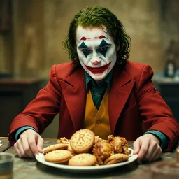 cinematic shot of the joker sitting at a table with a plate of biscuits and chicken, 8 k, very detailed, very intricate,