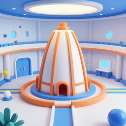 retrofuture ussr soviet design nuclear reactor hall with open reactor. clean retrofuture interior. environment for 3 d kids low poly game, contrast, colors, simple shapes design. crisp and clean. trending on artstation. unreal engine