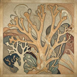 mixed media contours, avant garde coral, organic abstract illustration aged fresco, 1811, decadent french art nouveau collage