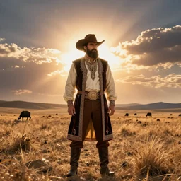 bearded cowboy standing alone in central asian steppe, persian folkore illustration