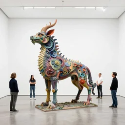 etablishing wide view shot of stunning colorful fascinating * poetic * sculpture of a mythic creature animal born from nature by * beth cavener * in empty empty white space exposion. elegant animal living form. with collaboration of ellen jewett, zhelong xu, beth cavener, sayaka ganz, edouard martinet, john o'