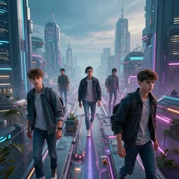 photo of teenagers traveling between multiverses in cyberpunk future city