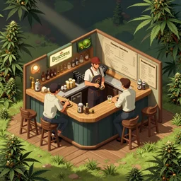 cannabis hospitality industry, aussie baristas, isometric fun style pic, by ren hang and steve hanks, australian style video game still