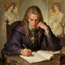 fantasy portrait of a wizard procrastinating at his desk!!, wizard robes, in the style of ryan jia, highly detailed. smooth, sharp focus, soft lighting, illstration by ilya kuvshinov and katsura masakazu and alphonse mucha, 8 k