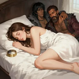 a brunette woman sleeping in the style of artgerm and charlie bowater and atey ghailan and mike mignola, vibrant colors and hard shadows and strong rim light, epic lighting, comic cover art, plain background, trending on artstation