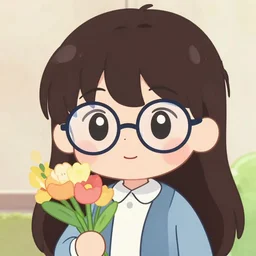 cute anime character, holding flowers, wearing glasses