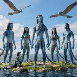 scene from the movie Avatar 2: Way of Water set on the planet Pandora, na'vi in shot