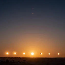The sky shows many many many suns in eclipse, lined up to the horizon. A view of the sky from the ground. Extremely high details, photo, wide angle lens