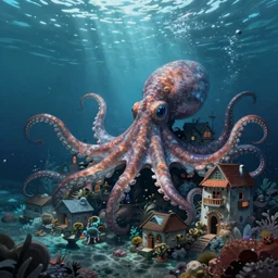 octopus village. underwater. octopus city. octopus houses. beneath the sea. matte painting. artstation. deviantart. digital painting.