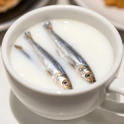 anchovies sunk in a white porcelain cup of milk tea, macro restaurant photo
