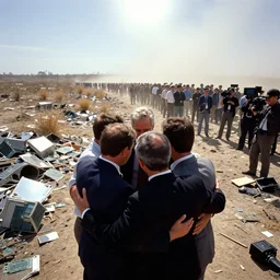 a first person view of a crowd of white businessmen hugging and starring around surrounded by debris of shiny pieces of big computer pieces, small and big pieces scattered around, sparse dried vegetation, heatwave, blinding sun, dust storm in the horizon, reporter, live footage, canon 3 5 mm lens, ektachrome color photo