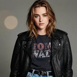 headshot of young winona ryder, wearing a black leather jacket, tom waits t - shirt and blue jeans with a belt, photoshoot in the style of annie leibovitz, studio lighting, soft focus, bokeh
