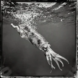 tintype photo, swimming deep underwater, squid girl