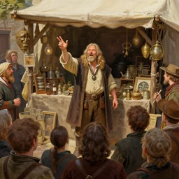 a successful rich halfling merchant, in front of his stall filled with wares. a crowd is amassed before, matte painting by craig mullins and noah bradley, trending on artstation