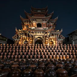 a choir made of pots with open mouths in a peculiar building in southern china