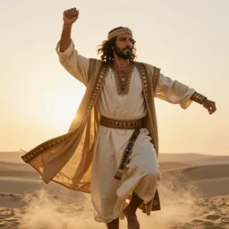 beautiful cinematic still portrait of 50 year old Mediterranean skinned man in ancient Canaanite clothing dancing in the sunrise, energy, vibrancy, passion, Biblical epic directed by Steven Spielberg