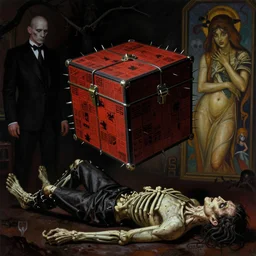 a matte painting of hellraiser puzzle box floating above skinned man in hell by clive barker and alex grey and alphonse mucha