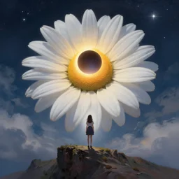 giant white daisy flower blooming as a head, girl standing on cliff, surreal photography, solar eclipse, stars, dramatic light, impressionist painting, clouds, digital painting, artstation, james gilleard, liam wong, jeremy mann, simon stalenhag
