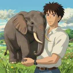 yan sanchez holding a elephant in his hand, exquisite details, denoised, mid view, by norman rockwell, karl kopinski, artsation, greg rutkowski, makoto shinkai, takashi takeuchi, studio ghibli