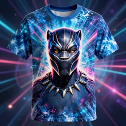a t shirt all over print, portrait of black panther, trippy background, neon glow, royal blue tie dye, one piece art style, cartoon, anime, digital art