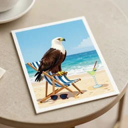 postcard showing 'a cool sea eagle sitting on a beach chair with sunglasses and a martini' laying on coffee table