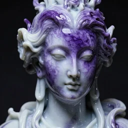 a dark baroque close - up portrait of a vivid purple and white porcelain being made out of white liquid sci - fi vitrified translucent ceramic marble ; china. reflective detailed textures. gloomy black background. highly detailed fantasy science fiction painting by moebius, norman rockwell, frank frazetta, and syd mead. rich colors, high contrast. artstation