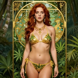 The goddess Mary Jane in a bikini made of marijuana, a beautiful art nouveau portrait by Gil elvgren, lush jungle environment, centered composition, defined features, golden ratio, golden jewelry