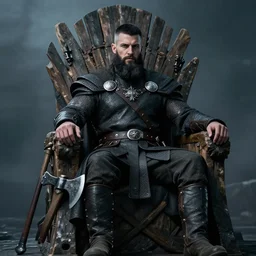 viking king, with black beard and short black hair, sitting on his wooden throne with his axe leaning on the side of the throne, looking forward, in a chill position, amazing detail, sharp, photorealistic art style
