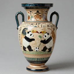 a photo of an athenian vase with a painting of pandas toucans pangolins playing tennis soccer basketball in the style of egyptian hieroglyphics.