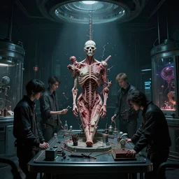 cyberpunk hellraiser room of laboratorie experiment dissection the futur dark by Greg Rutkowski, Sung Choi, Mitchell Mohrhauser, Maciej Kuciara, Johnson Ting, Maxim Verehin, Peter Konig, Bloodborne , 8k photorealistic, cinematic lighting, HD, high details, atmospheric , trending on artstation