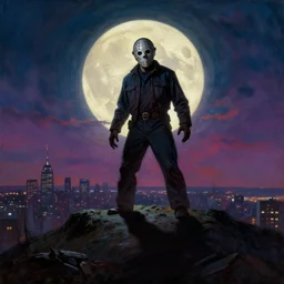 scary jason voorhees standing on a giant hill, new york panorama in far background, powerful pose, scary, horror, deep night, giant oversized moon backlighting, dramatic colorful sky, shadows on side, cinematic, side light, backlighting, oil painting by frazetta
