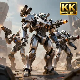 futuristic mechs with miniguns and rocket launchers walking into battle, highly detailed, 4 k, hdr, award - winning, unreal engine, trending on artstation, volumetric lighting