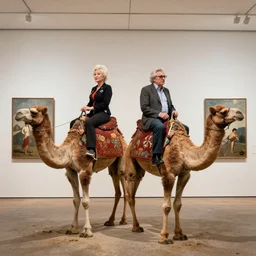 Dolly Parton and Robert De Niro riding camels in an Art Gallery, contemporary art, photo, 50mm, 150mp, XF IQ4, ISO 200