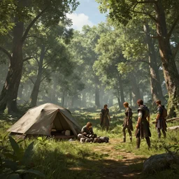 i'm camping in the woods near riften, skyrim. volumetric lighting, summer, sunny weather, few clouds, realistic, perfectly shaded, ultra detailed, photorealistic!!!, art by leesha hannigan, ross tran, thierry doizon, kai carpenter, ignacio fernandez rios