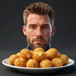 a head shot of channing tatum as half human and a tater tot on a plate, tater tot face, ef 8 5 mm f 1. 8 usm, bionic scifi alexandre ferra, hyper detailed, digital art, trending in artstation, cinematic lighting, studio quality, smooth render, unreal engine 5 rendered, octane rendered