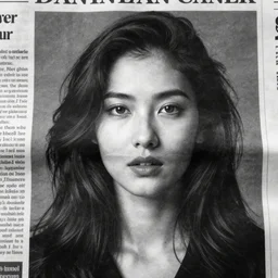 identikit picture of a dangerous criminal in the newspaper, low detail, low face b & w