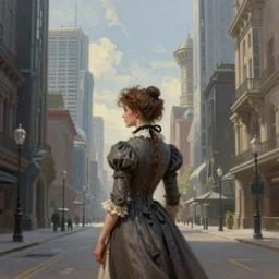 portrait of a victorian lady in a futuristic city, from behind, streets, beautiful, asymmetry!!!, Asymmetric, no symmetry, open sky, tall buildings, highly detailed, digital painting