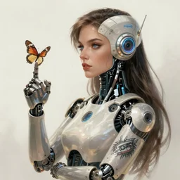 concept art by artgerm, female i robot pointing a finger at a butterfly, attractive and tattooed, soft natural light, intricate, highly detailed, digital painting, artstation, concept art, smooth, sharp focus, illustration, art by greg rutkowski and luis rollo and uang guangjian and gil elvgren, symmetry!