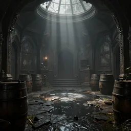 echo chamber room, dark art fantasy, 3d render, super detailed, puddle of water, barrels, foggy