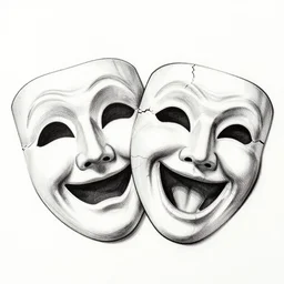an ink drawing of cracked comedy and tragedy theater masks, elaborate detail