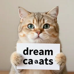realistic high quality photo of a cute cat holding a sign with text that reads : dream caaats, cats