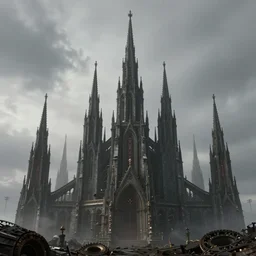 octane render of a gothic city with an overcast sky, tall spires, steampunk, cyberpunk, high - definition, trending on artstation, alienating, imposing, imperious, malevolent, moody, landscape